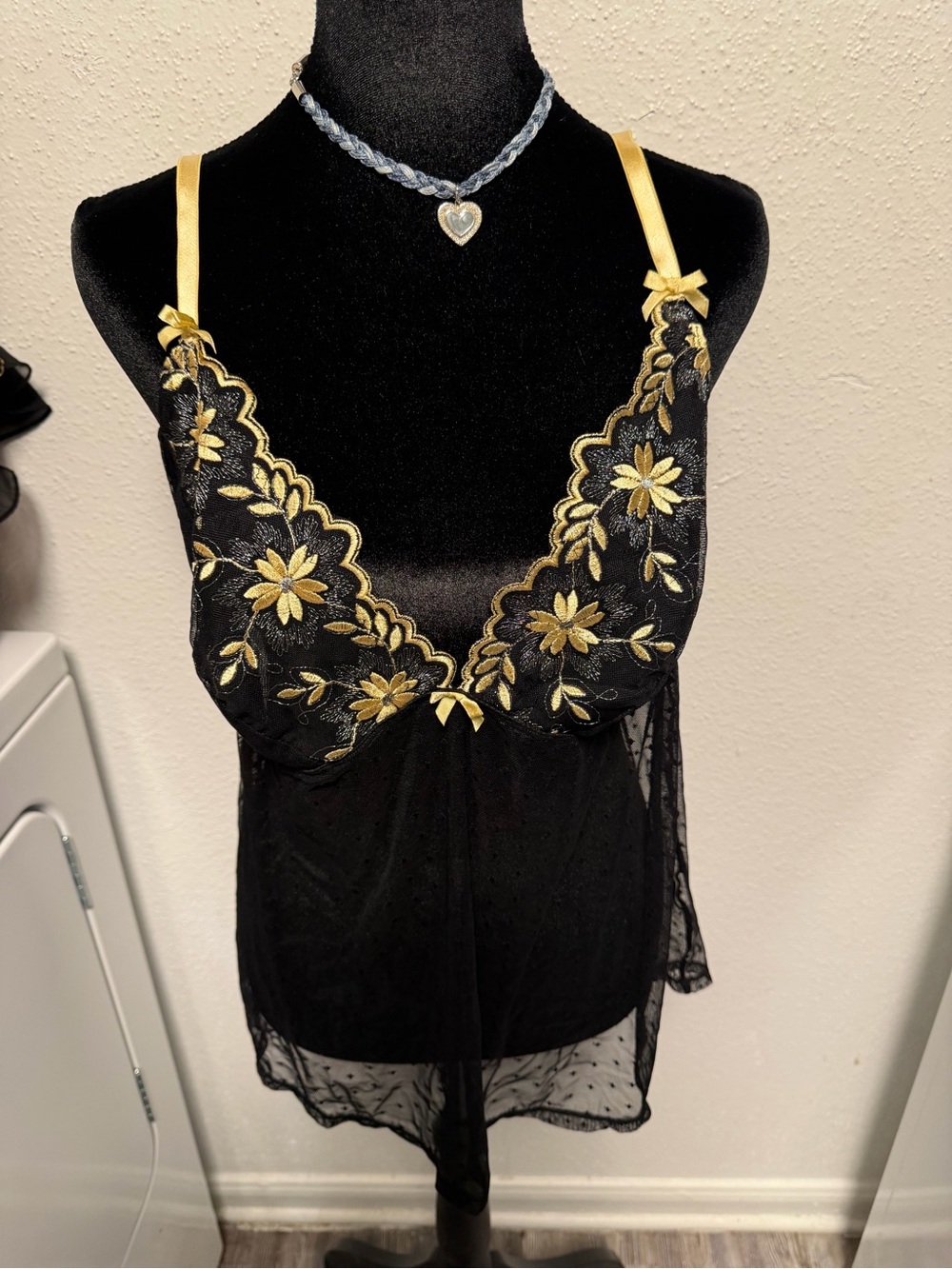 Cacique Black Sheer Camisole with Gold Floral Embroidery